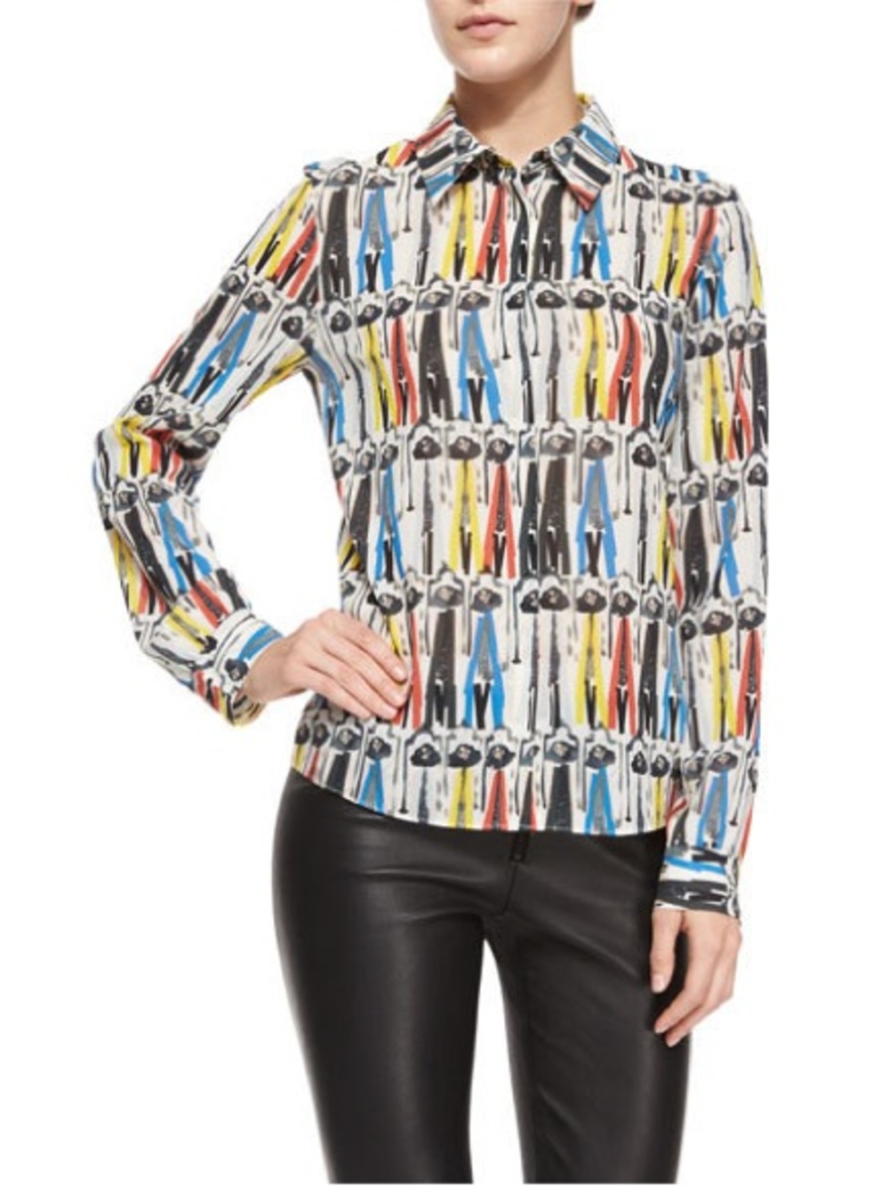 Alice + Olivia White Button-Front Blouse with Multicolor Abstract Print